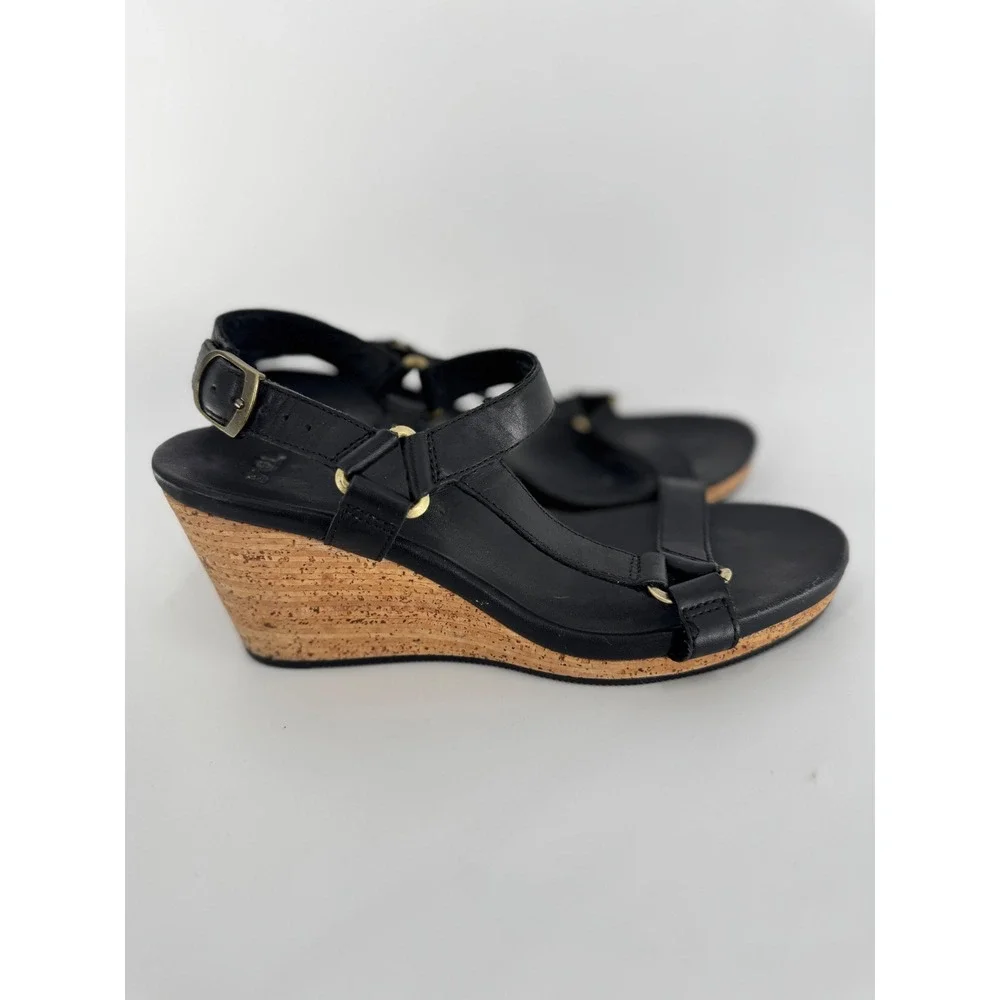 Teva Arrabelle Wedge Sandals‎ Women Size 7 Black Leather Cork Heel Strappy
